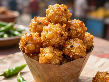 Crispy, irregularly shaped golden Moong Dal Bhajia fritters piled high in a rustic paper cone. A few scattering green chilies lie on the side. The scene is shot outdoors in a vibrant, sun-drenched Indian market setting, with a beautiful shallow depth of field. Warm, lively, and incredibly appetizing.