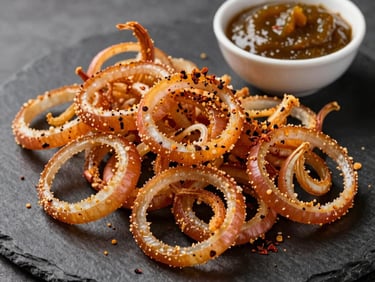Crispy, tangled Onion Bhajias arranged artistically on a dark brown slate plate. The deep amber-colored, thinly sliced onions are visible through the light, lacy gram flour coating. Garnished with a sprinkle of roasted spices and served alongside a small dish of sweet-tangy tamarind chutney.