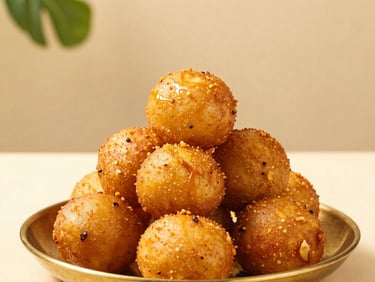A stack of round, golden Batata Vadas on a rustic brass plate. Deep-fried to a perfect crisp in heart-friendly groundnut oil. The background is a warm beige plaster wall with a soft shadow of a green plant, conveying a refined yet grounded street-food atmosphere.