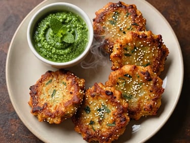 Top-down food photography of Kothimbir Vadi. Crispy, golden-brown pan-fried coriander cakes arranged neatly on a hand-painted beige ceramic plate. Gilded with white sesame seeds, steam gently rising, with a small bowl of tangy green mint chutney beside it, warm soft lighting highlighting the rustic herbs.