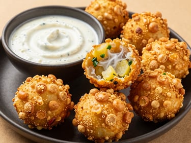 A plate of golden, crispy Sabudana Vada patties on a warm sand-colored textile. The sago pearls form a beautiful, bubbly, crunchy crust. One vada is broken in half, revealing the soft, steaming potato and green chili interior. Served with a side of creamy white peanut-yogurt dip. Vibrant, professional food styling.