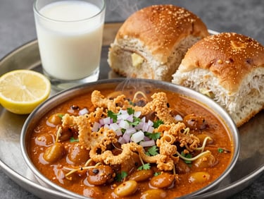 A steaming bowl of Maharashtrian Misal Pav. The spicy red-orange curry sprouts moth beans, topped with generous crispy golden farsan, chopped raw onions, and coriander. Served on a dark metal tray with two buttery toasted pav buns, a lemon wedge, and a small glass of cooling buttermilk in the background. Bright, mouthwatering, authentic.