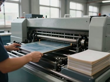 Semi-automatic plate-making machine mid-cycle on a factory floor, operator's hands visible adjusting the feed mechanism, ambient daylight from factory windows, finished plate stack to the right of the machine