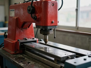 Close-up of a hydraulic manual plate-making machine on a factory floor, the red hydraulic press arm prominent in the center, natural daylight from a side window, die visible in the lower press bed, concrete floor below