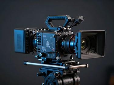 Anamorphic close-up of a professional cinema camera rig on a dark, moody studio set, cold blue key light catching the brushed metal edges, shallow depth of field.