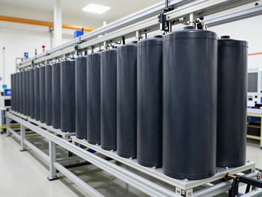 Clean-room assembly line for large-scale industrial battery packs, showing precision manufacturing. Industrial editorial photography, clean industrial lighting, clean technical details, high contrast, deep slate and steel tones, 35mm.