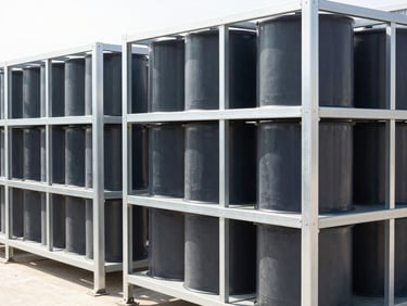 Industrial battery storage racks in a grid-scale facility, bright natural daylight, high contrast, deep slate and steel tones, 35mm