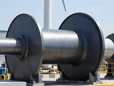 Wind turbine nacelle assembly in a heavy industrial plant, bright natural daylight, high contrast, deep slate and steel tones, 35mm
