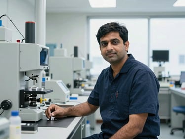 Professional portrait of Dr. Vijay Goyal in a clean-room assembly environment, bright industrial lighting, high contrast.