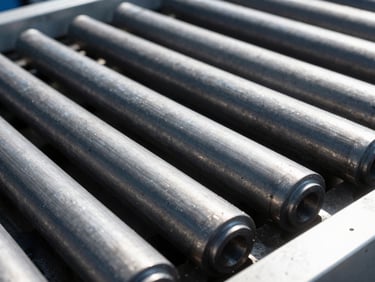 Close-up technical details of silicon ingots on a manufacturing floor, bright natural daylight, high contrast, deep slate and steel tones, 35mm