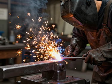 Close-up of a professional blacksmith in protective gear welding a heavy steel joint, bright orange sparks flying, dark industrial workshop background.