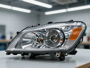 Macro shot of a new-condition OEM car headlight assembly, showing lens clarity and mounting tabs, on a clean workbench, crisp industrial lighting.