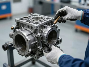 Clean used OEM transmission on a metal stand, technician's gloved hands performing an inspection, sharp details, cool metallic tones, high-contrast lighting.