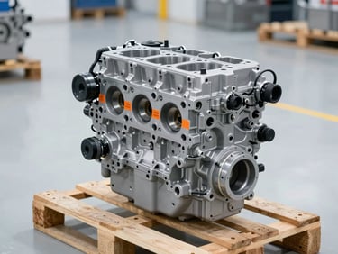 Pristine used OEM engine on a wooden pallet in a clean, well-lit warehouse, focused on the engine block, crisp industrial photography, cool metallic tones.