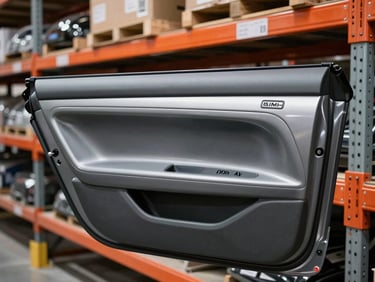 Clean car door panel in a warehouse rack, focused on paint finish and OEM stamp, sharp industrial lighting, cool metallic tones, 50mm lens