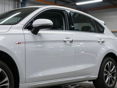 Close-up of a pristine, dent-free OEM car door on a custom crate in a clean warehouse, showing factory paint finish, crisp industrial lighting.
