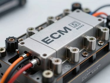 Close-up of an ECM/ECU module with wiring harnesses, showing intricate details and OEM markings, studio lighting, technical focus.