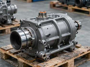 Used transmission on a clean pallet, detailed shot of casing and connections, sharp industrial lighting, cool metallic tones, 50mm lens