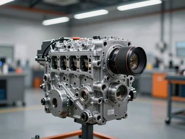 Pristine used engine on an engine stand in a clean workshop, focused on component details, sharp industrial lighting, cool metallic tones, 50mm lens