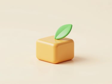 minimalist 3D render illustration of a golden jaggery block with a single green leaf, soft studio lighting