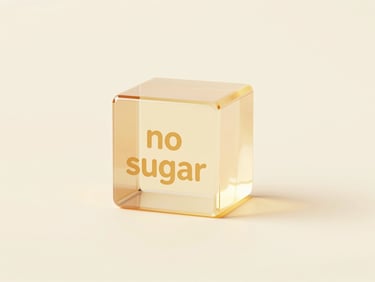 minimalist 3D render illustration of a transparent candy cube with a 'no sugar' symbol, soft studio lighting