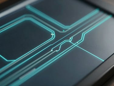 Macro close-up of dark glass panels with thin cyan light paths representing structured information routing, high-fidelity UI detail.