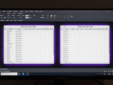 Symmetrical top-down view of a clean workspace interface displaying relational database tables, subtle purple edge glow, dark metallic texture.