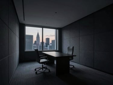 Empty, high-tech suite interior with minimalist sound-absorbing wall panels, a sleek executive chair, and a large window looking out onto a metropolitan skyline at twilight, soft ambient lighting, moody low-key lighting, deep shadows, cool dark tones, high-contrast, 35mm lens