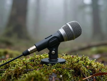 Macro close-up of a precision field microphone resting on deep green wet moss in a misty forest, soft overcast light