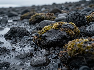 Close-up of wet volcanic pebbles on a remote shore, water receding to leave a glistening texture, overcast moody lighting, dark mossy tones
