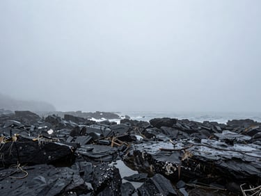 Wide atmospheric shot of a remote, misty coastline with dark wet rocks and low-hanging fog, moody overcast light