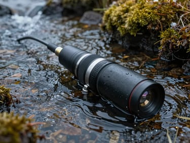 Macro detail of a professional hydrophone submerged in a clear, dark glacial stream surrounded by wet moss, soft natural light