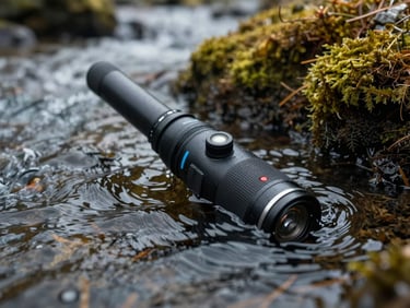 Macro close-up of a high-fidelity hydrophone submerged in a dark, moss-lined glacial stream, water ripples catching low, overcast light.