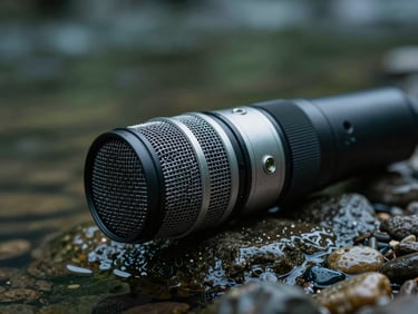 Macro close-up of a high-fidelity hydrophone microphone resting on wet river stones, soft moody lighting, deep green water.