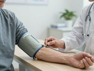 Doctor's hand placing a blood pressure cuff on an older adult patient's arm in a calm clinic room, daylight-balanced lighting, clean organized background