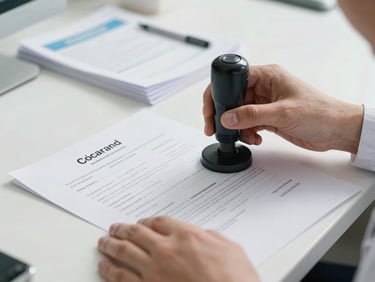 Hands of a physician stamping an official medical certificate document on a desk, organized clinic paperwork, professional daylight lighting