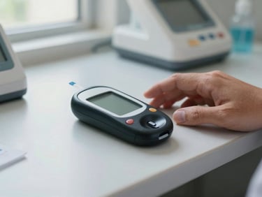 Close-up of a glucometer on a clinic desk, a patient's hand resting beside it, natural window light, organized medical surface, Puerto Rico clinical setting