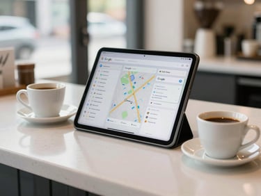 A bright, clean local cafe counter with a tablet showing a Google Map listing, a coffee cup to the side, daylight pouring in, close-up composition.