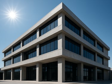 Low-angle wide shot of a finished three-story commercial hub in Civil Lines, Bareilly, high-contrast concrete and glass facade, bright midday sun