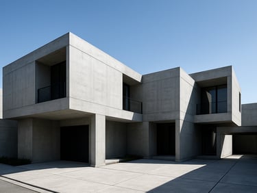 A completed contemporary residential estate in Nekpur, Bareilly, showcasing clean structural lines, concrete finishes, and sharp shadows