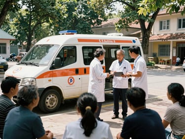 A mobile medical clinic vehicle parked in a sunlit community square, local health workers consulting warmly with residents, natural daylight, 35mm