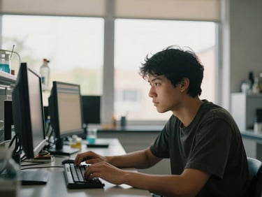 A young adult in a modern digital lab setting, looking at a screen with focus, warm natural window light, authentic human moment, 35mm.
