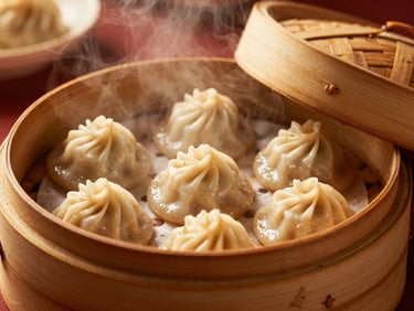 A bamboo steamer basket being opened, revealing delicate hot dumplings with steam rising, warm golden-hour light
