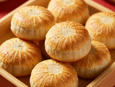 Close-up of golden-brown traditional Chinese-Filipino hopia pastries stacked neatly on a wooden tray, warm editorial lighting