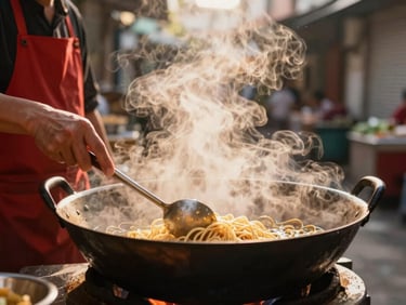Warm atmospheric shot of steam rising from a large wok in a narrow Binondo alley, chef preparing fresh noodles, soft background