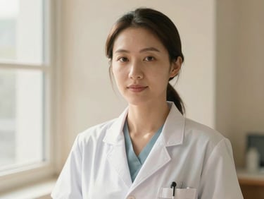 Warm editorial portrait of a female clinical specialist looking reassuringly at the camera, soft natural light, warm cream tones, professional medical setting