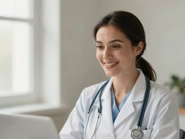 Warm editorial portrait of a female doctor smiling during a video consultation, soft natural window light, calming sage background, shallow depth of field