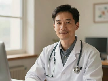 Warm editorial portrait of a male radiologist in a comfortable office setting, soft natural lighting, approachable and professional expression, shallow depth of field