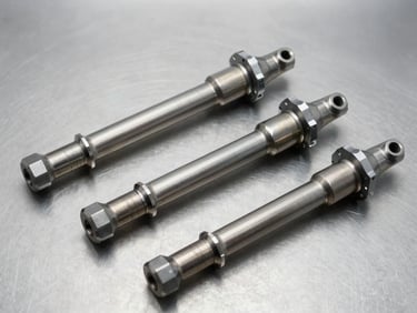 Clean steel automotive suspension parts and cv joints organized on a clean metallic surface, bright studio lighting