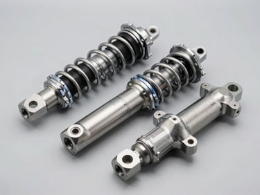 Clean studio shot of automotive suspension and drivetrain spare parts, metallic finish, organized on a neutral surface